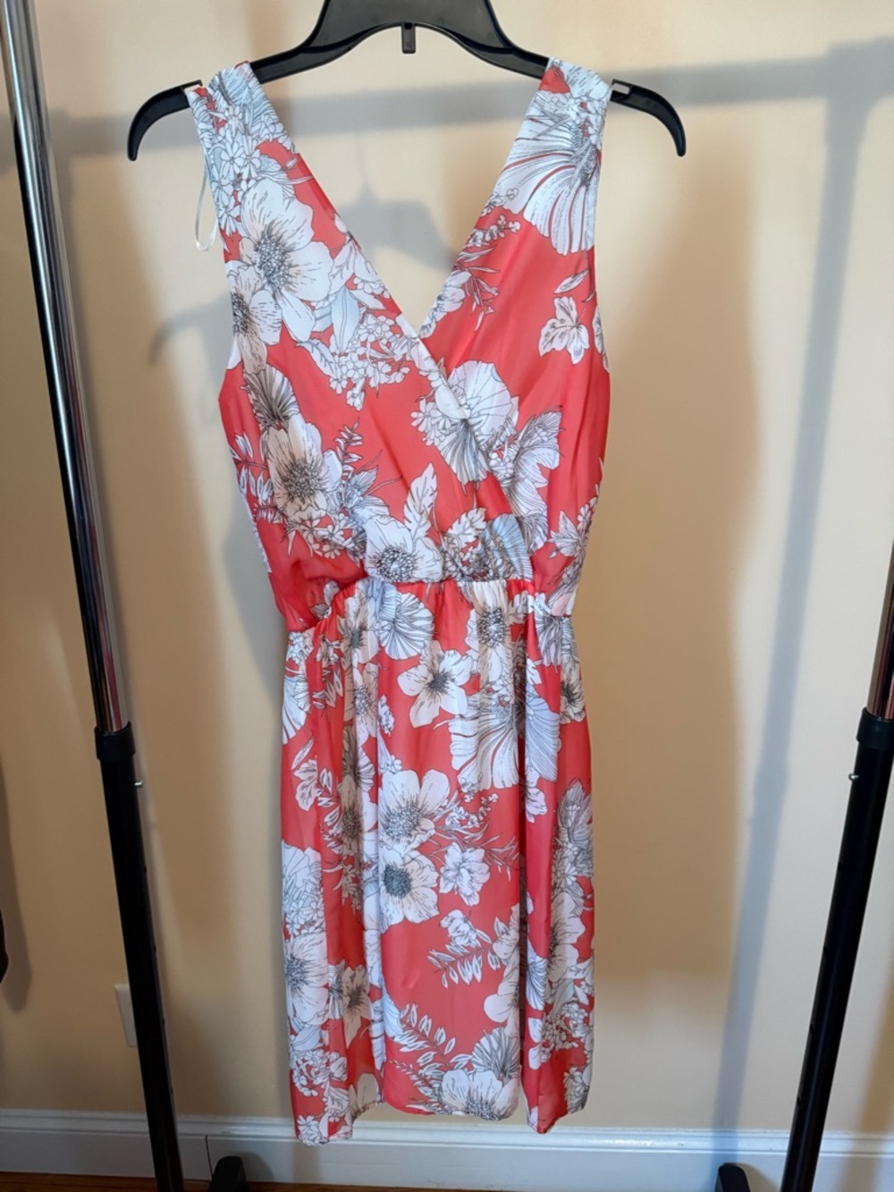 Coral Floral V-Neck Midi Dress with Elastic Waist